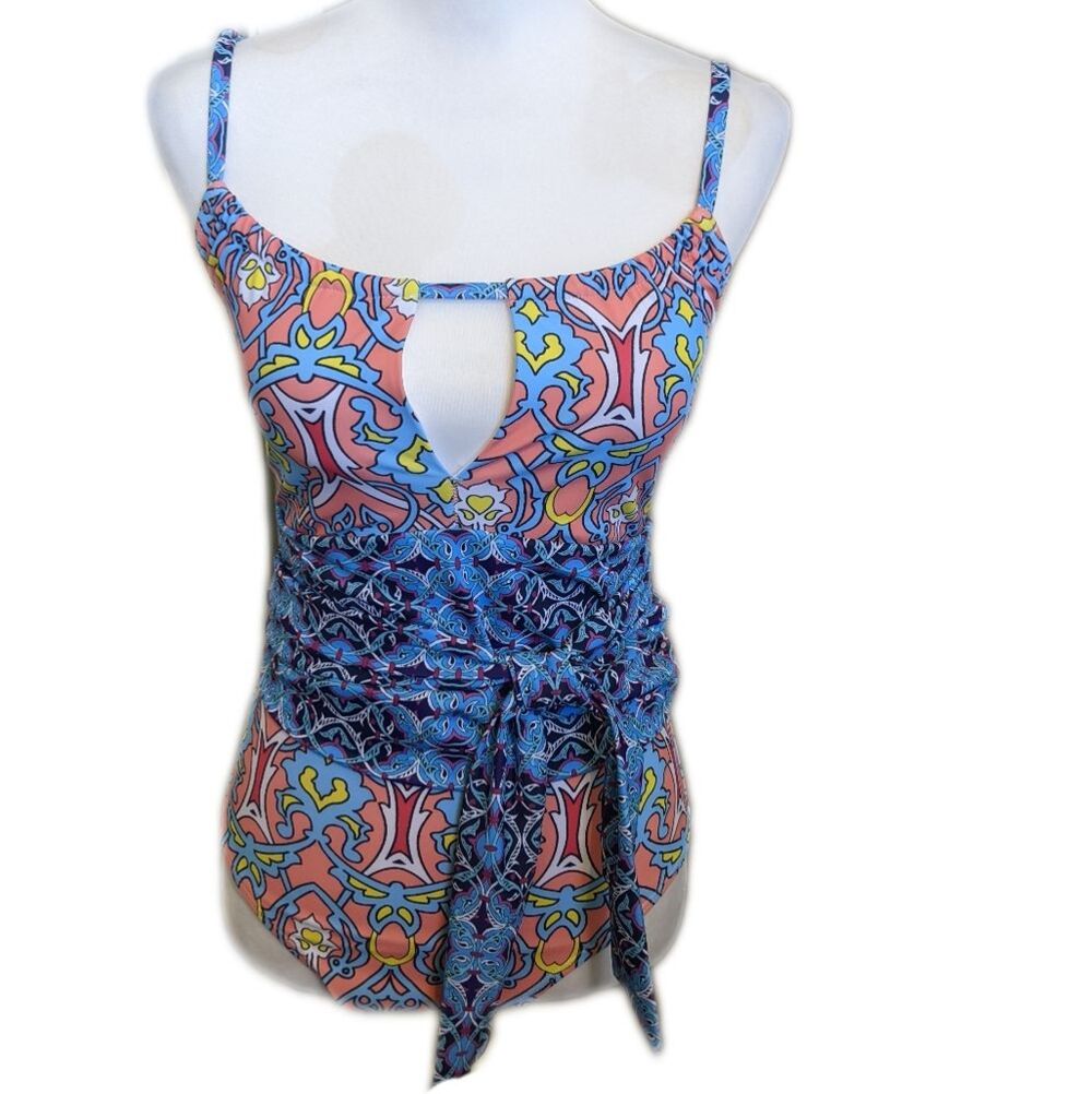 Venus NWT 1-pc swimsuit w/ wrap around tie belt, blues & orange, size 4